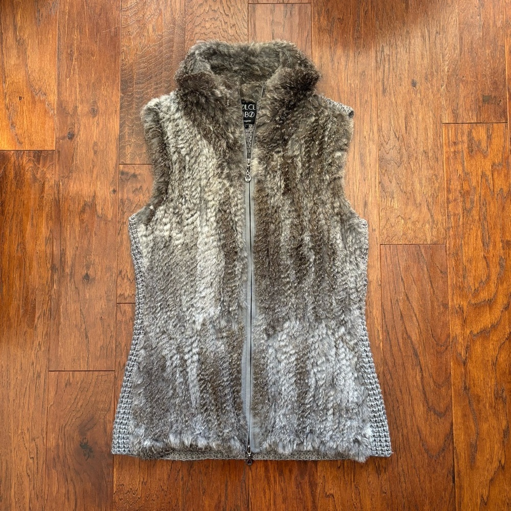 Dolce Cabo Genuine Rabbit Fur Knit Vest Gray Wool Blend | Size L